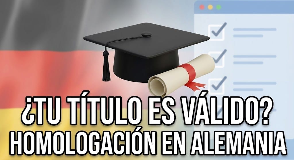 Gorro de graduación y diploma sobre la bandera de Alemania con una lista de verificación para la homologación de títulos universitarios extranjeros.