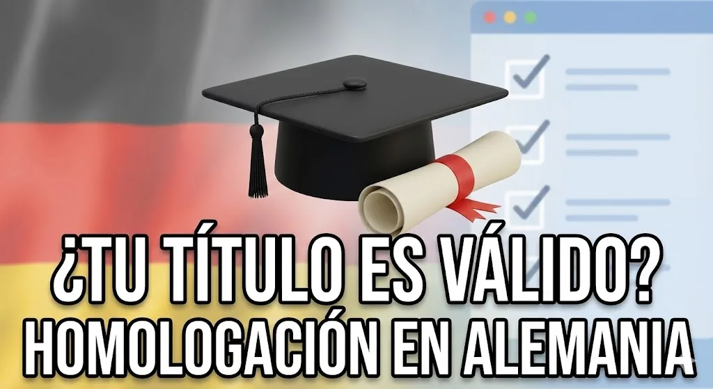 Gorro de graduación y diploma sobre la bandera de Alemania con una lista de verificación para la homologación de títulos universitarios extranjeros.