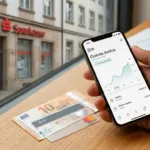 Mano sosteniendo un iPhone con la aplicación del banco N26 abierta, junto a una tarjeta bancaria y billetes de Euro, con una sucursal de Sparkasse al fondo.