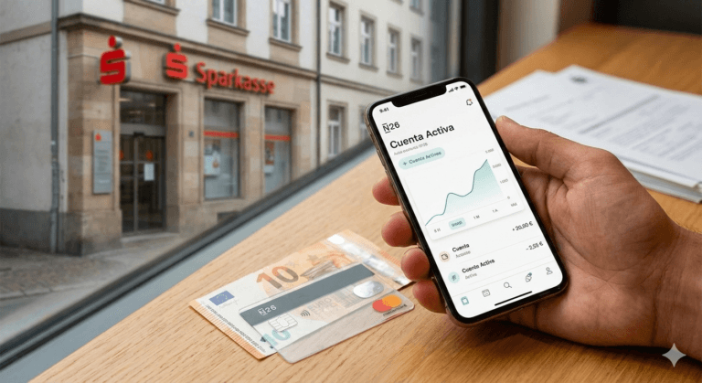 Mano sosteniendo un iPhone con la aplicación del banco N26 abierta, junto a una tarjeta bancaria y billetes de Euro, con una sucursal de Sparkasse al fondo.