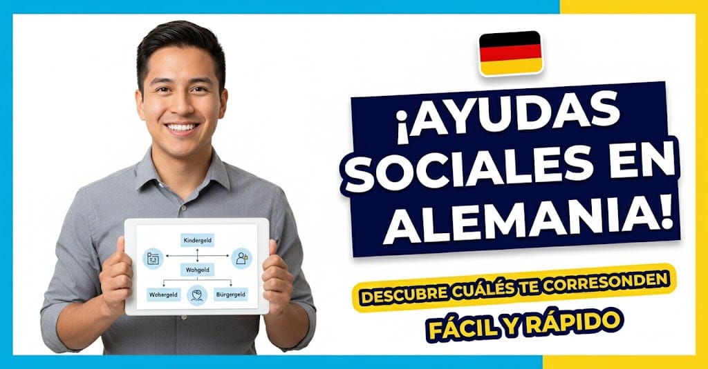 Hombre joven sonriente sosteniendo una tablet que muestra un esquema de ayudas sociales en Alemania como Kindergeld, Wohngeld y Bürgergeld.