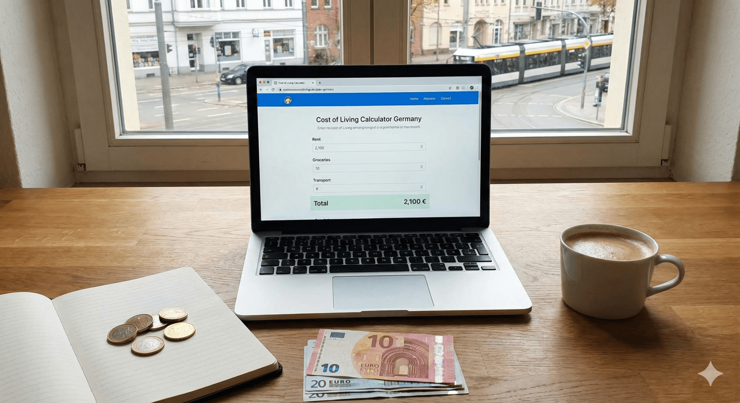 Laptop mostrando una calculadora de presupuesto mensual en Alemania con gastos de alquiler, comida y transporte junto a billetes de Euro.