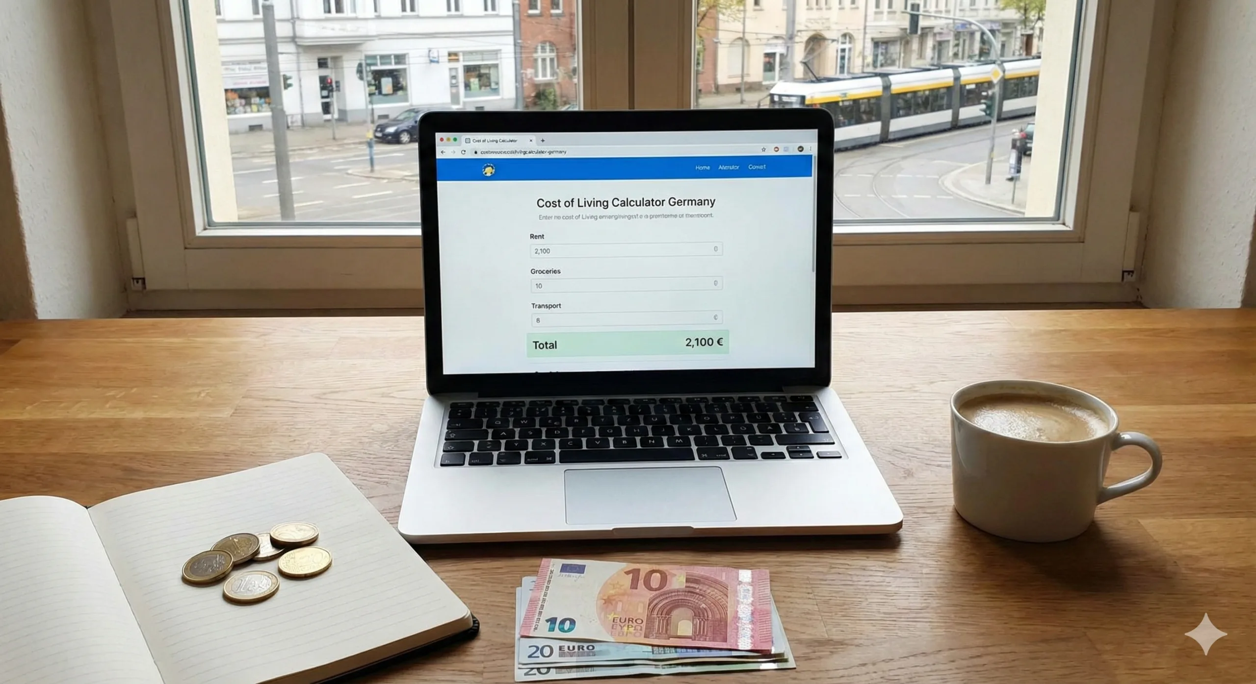 Laptop mostrando una calculadora de presupuesto mensual en Alemania con gastos de alquiler, comida y transporte junto a billetes de Euro.