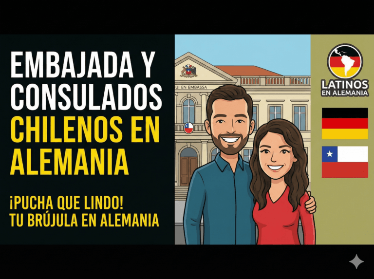 Un pasaporte chileno y documentos oficiales sobre un escritorio con una bandera de Chile pequeña, representando la gestión de trámites consulares en Alemania.