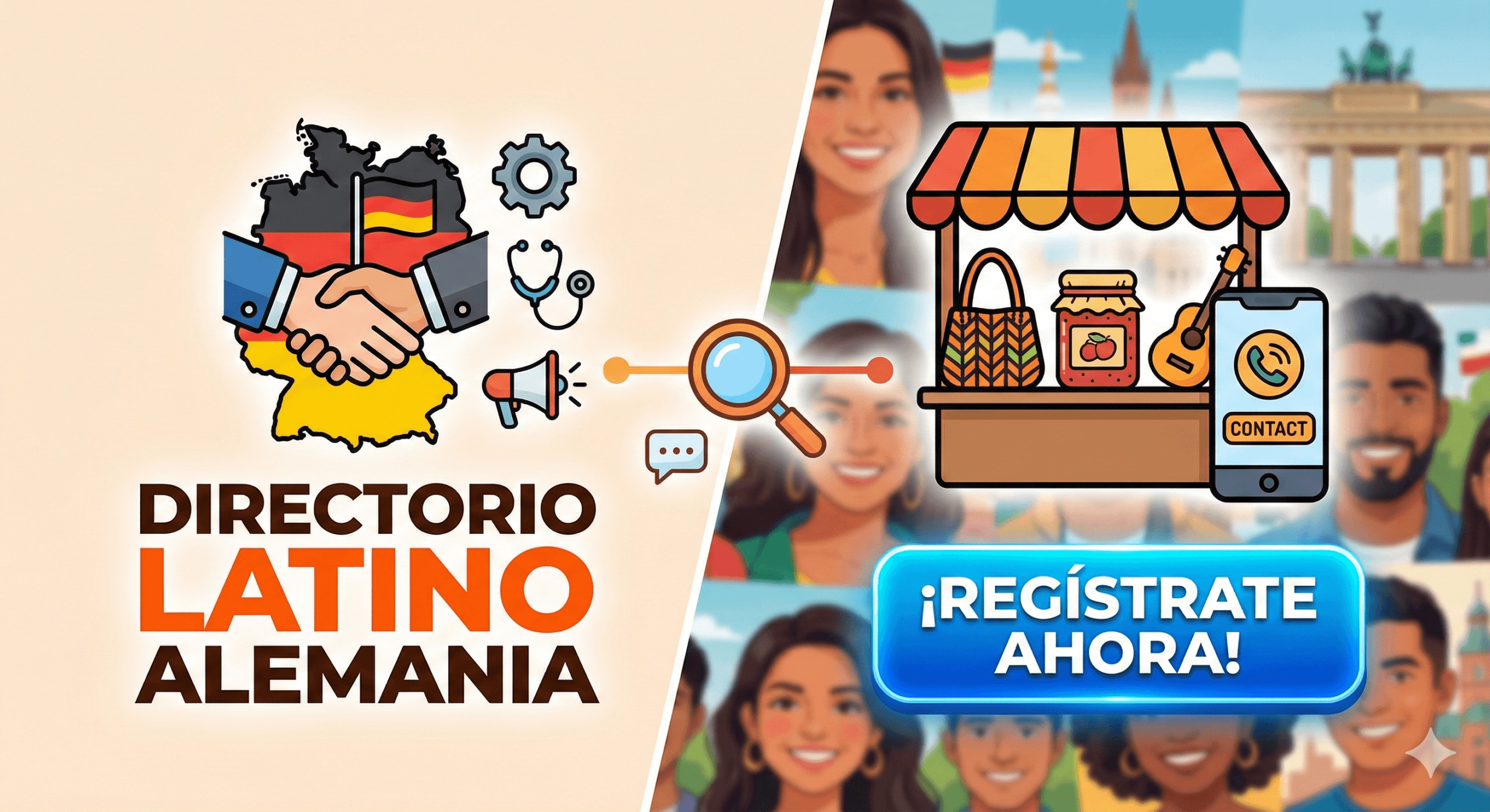 Mapa de Alemania con iconos de servicios profesionales y un puesto de mercado que representa el directorio de negocios latinos en Alemania.