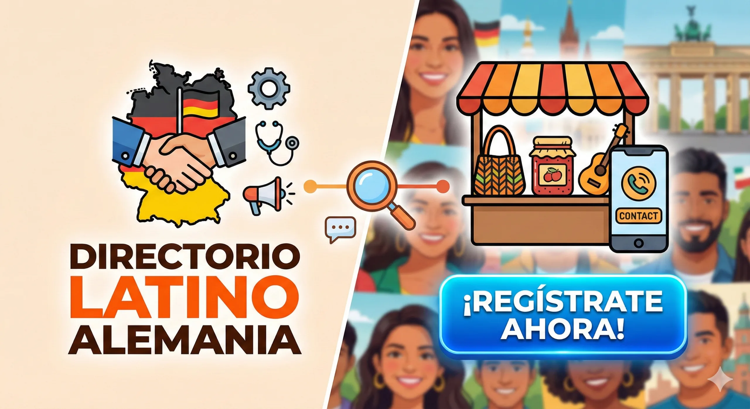 Mapa de Alemania con iconos de servicios profesionales y un puesto de mercado que representa el directorio de negocios latinos en Alemania.