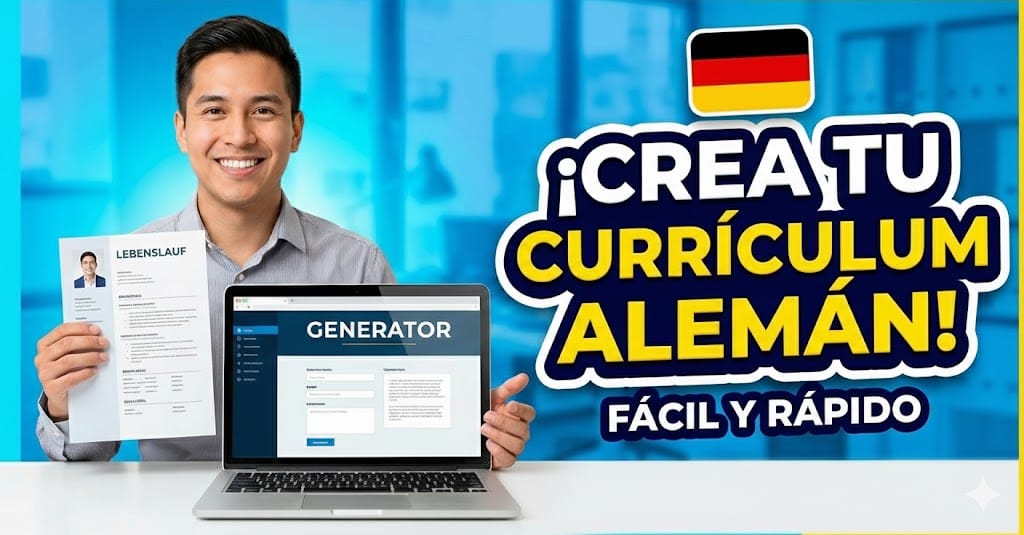 Hombre joven mostrando un modelo de currículum alemán (Lebenslauf) profesional generado en una laptop con la bandera de Alemania.
