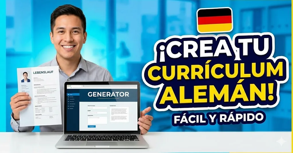 Hombre joven mostrando un modelo de currículum alemán (Lebenslauf) profesional generado en una laptop con la bandera de Alemania.