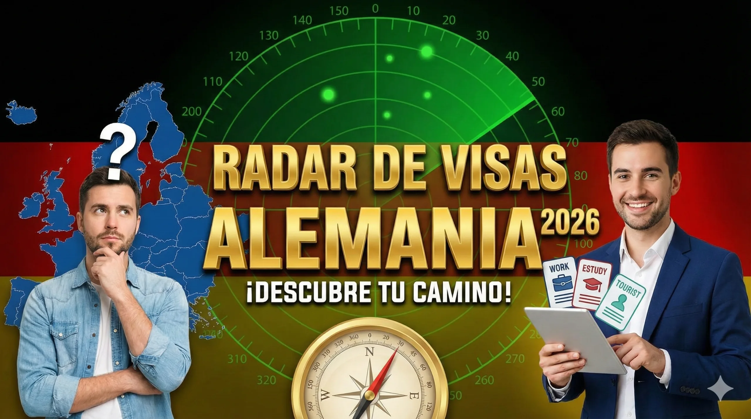 Hombre joven frente a un radar digital de visas para Alemania 2026, analizando opciones de trabajo, estudio y turismo en un mapa de Europa.