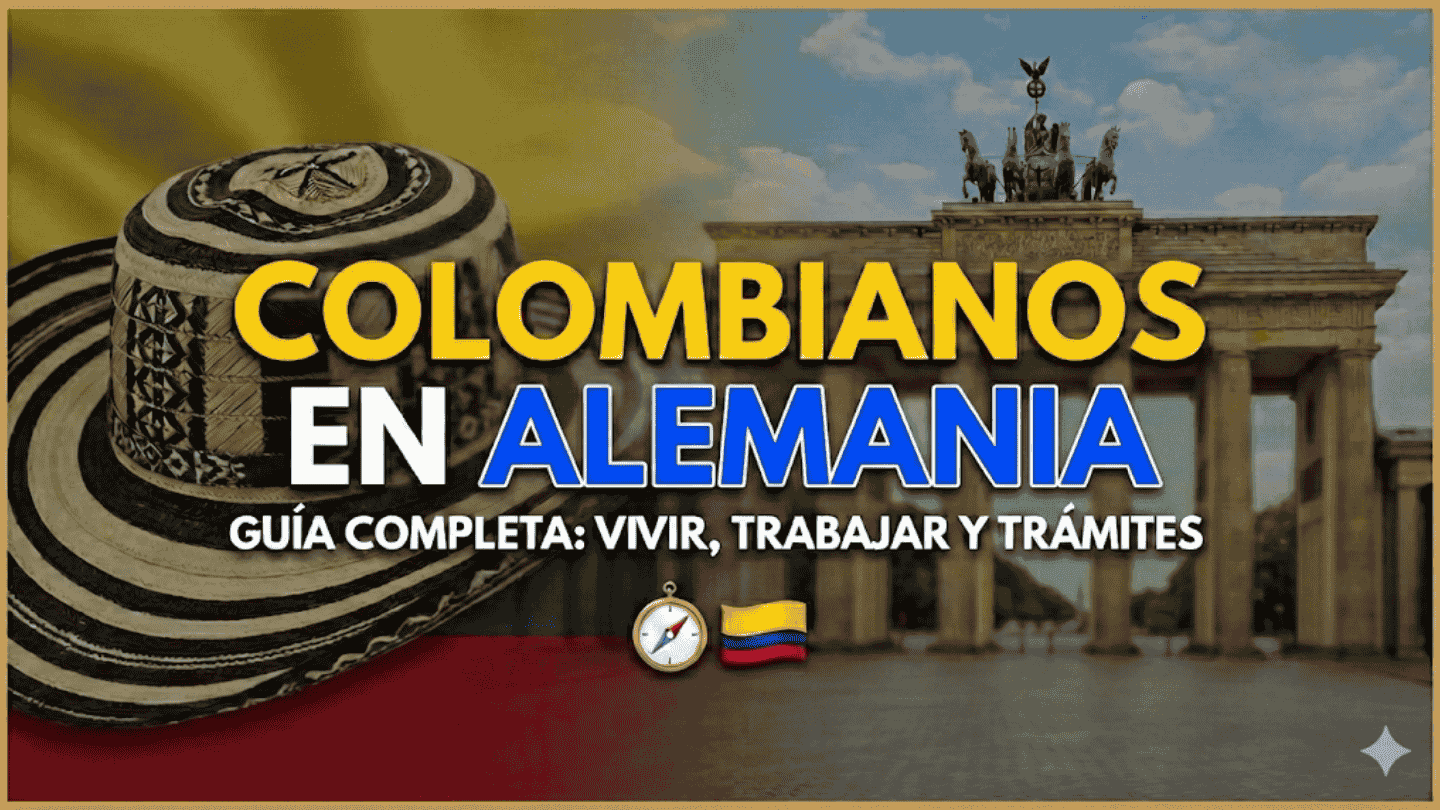 Sombrero vueltiao y Puerta de Brandeburgo con texto Colombianos en Alemania ilustrando requisitos visa alemania colombianos