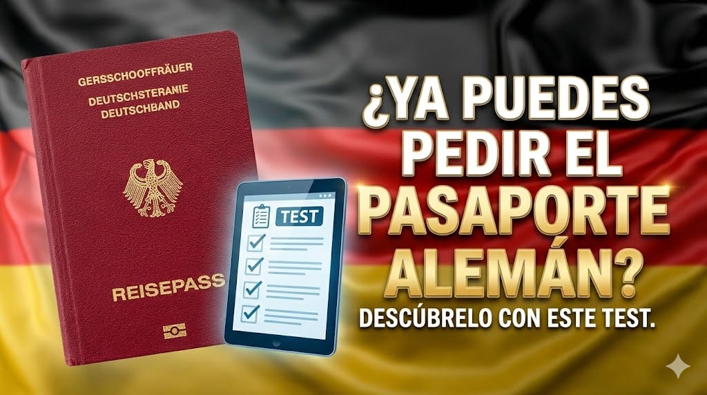 Pasaporte alemán rojo junto a una tablet con un test de requisitos para obtener la nacionalidad alemana en 2026.