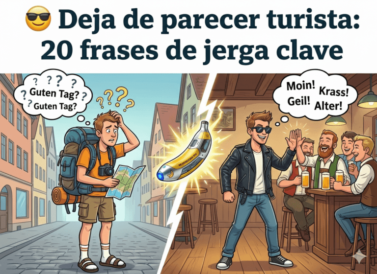 Ilustración comparativa entre un turista confundido con mapa y un joven integrado saludando en un bar alemán, usando frases de jerga como "Moin" y "Krass".