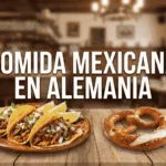 Tacos al pastor y pretzel en una mesa de madera con el texto Comida Mexicana en Alemania