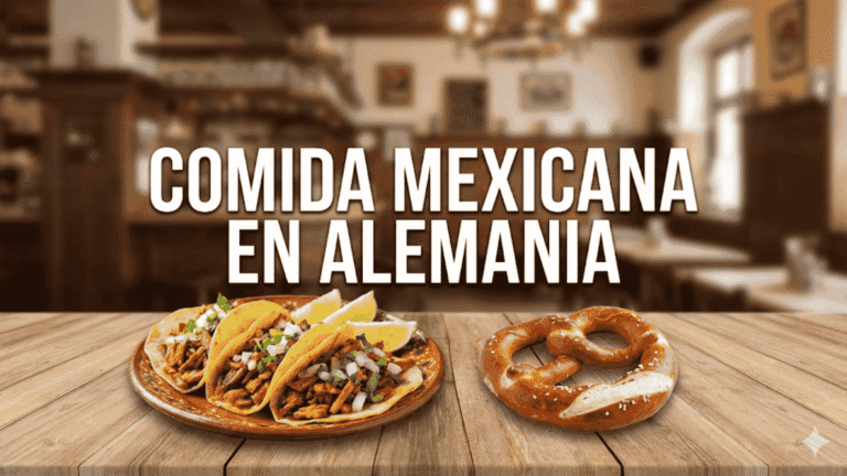 Tacos al pastor y pretzel en una mesa de madera con el texto Comida Mexicana en Alemania