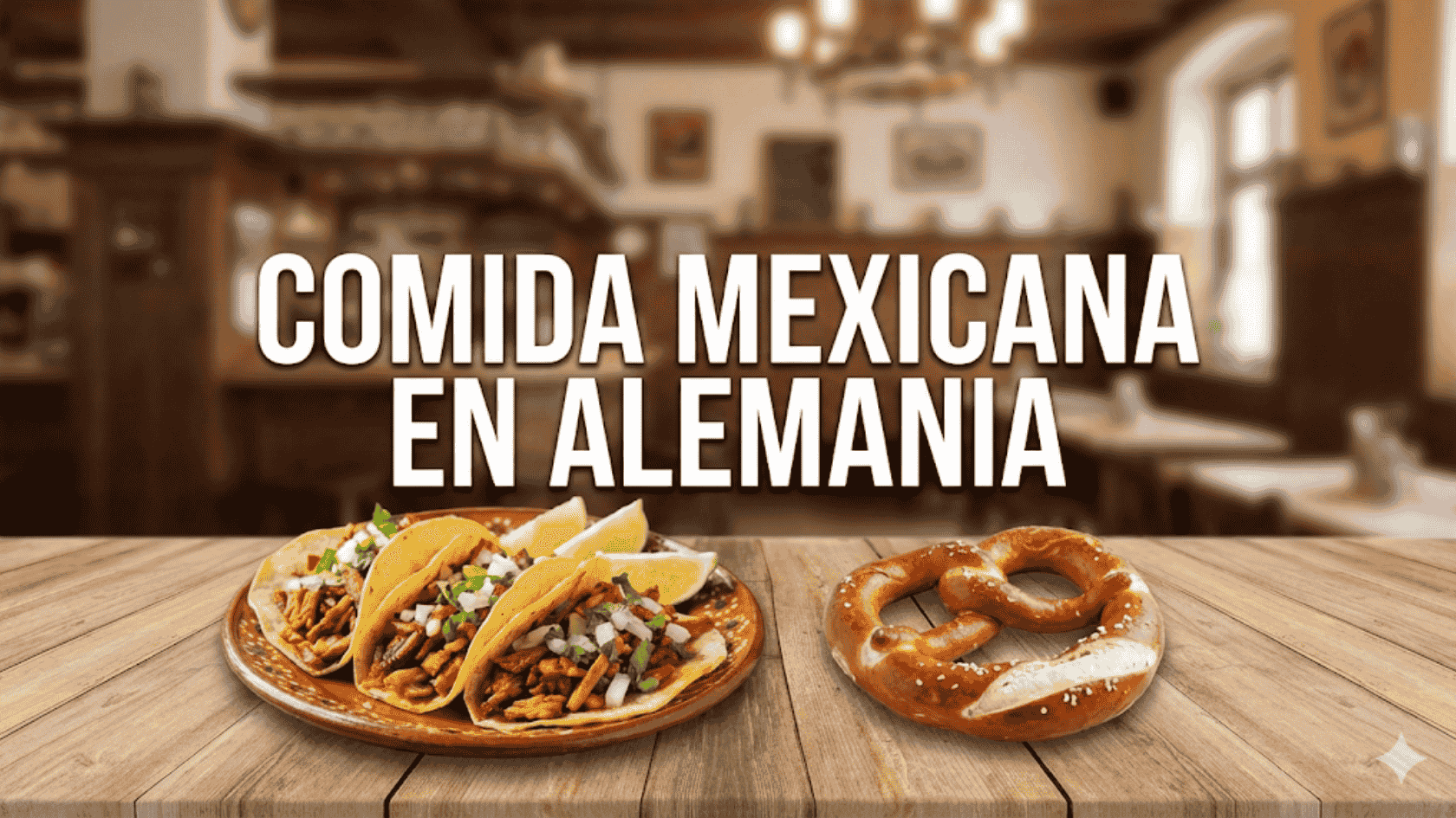 Tacos al pastor y pretzel en una mesa de madera con el texto Comida Mexicana en Alemania