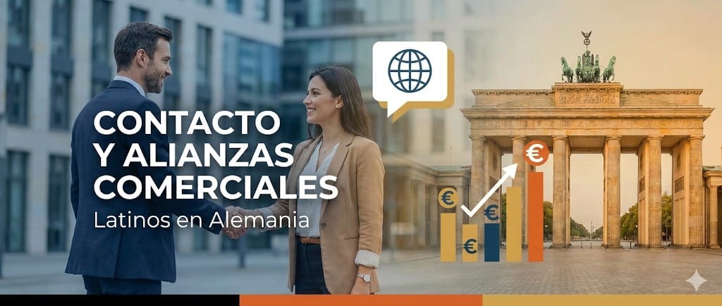 Banner de Contacto y Alianzas Comerciales mostrando un apretón de manos profesional y gráficas de crecimiento sobre un fondo de Berlín, representando oportunidades de negocio para Latinos en Alemania.
