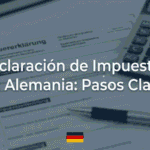 Declaración de impuestos en Alemania: formulario fiscal sobre escritorio sobrio con calculadora y bolígrafo.