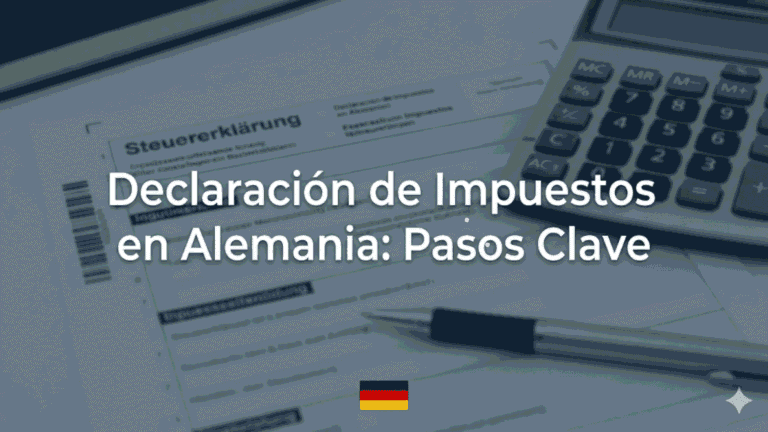 Declaración de impuestos en Alemania: formulario fiscal sobre escritorio sobrio con calculadora y bolígrafo.