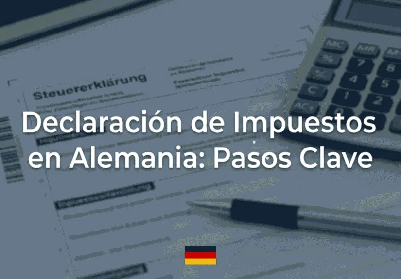 Declaración de impuestos en Alemania: formulario fiscal sobre escritorio sobrio con calculadora y bolígrafo.