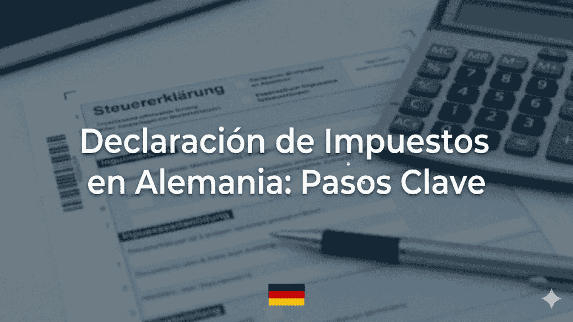Declaración de impuestos en Alemania: formulario fiscal sobre escritorio sobrio con calculadora y bolígrafo.