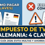 Gráfico estilo miniatura YouTube sobre el Impuesto de TV en Alemania: 4 claves para pagar correctamente y evitar multas por impago del Rundfunkbeitrag.