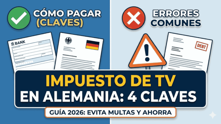 Gráfico estilo miniatura YouTube sobre el Impuesto de TV en Alemania: 4 claves para pagar correctamente y evitar multas por impago del Rundfunkbeitrag.